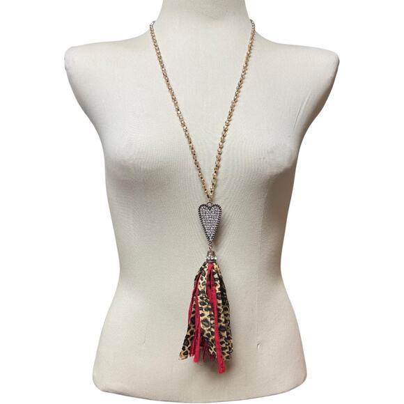 Leopard Heart Tassel Beaded Necklace Gold Rhinestone Leopard Red - Picture 1 of 6